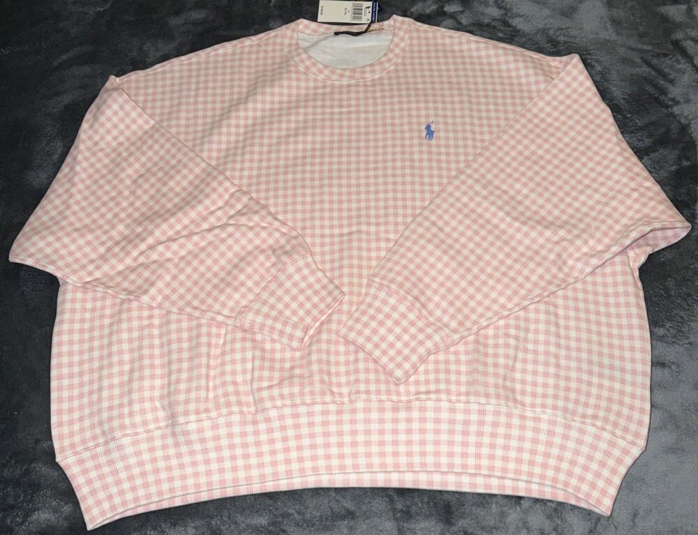 XL Polo Ralph Lauren Gingham Fleece Sweatshirt Pink White